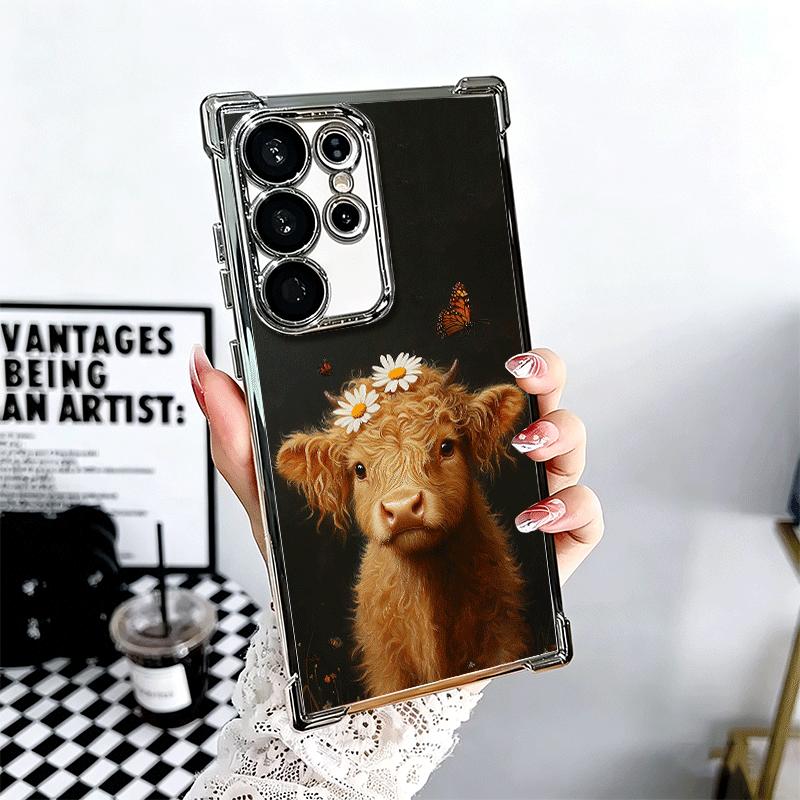 

Cute Highland Cow Plating Phone Case For Samsung Galaxy S24 S25 FE S26 Edge S23 Ultra S22 S21 Plus S20 Anti-Fall Airabag Cover Samsung S24 FE