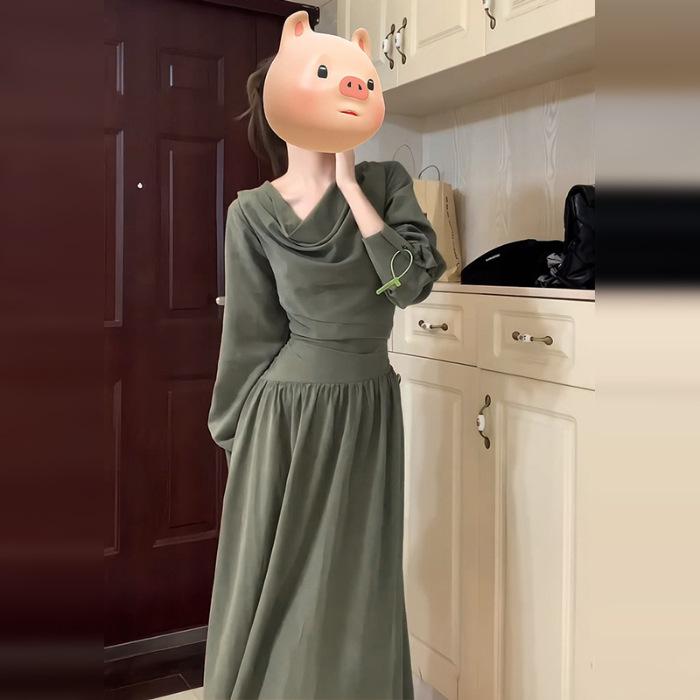 

[Original fabric] New Chinese-style green long-sleeved dress, children s early autumn new waist a-word long dress S зелёный