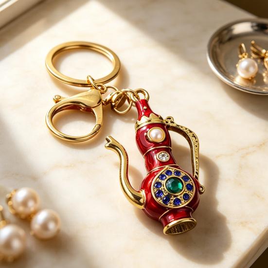 Pitcher Key Ring Retro Teapot Keychain with Rhinestones, Ethnic Style Decorative Backpack Accessory Ring, Pendant for Handbags Backpacks Car Keys Pot
