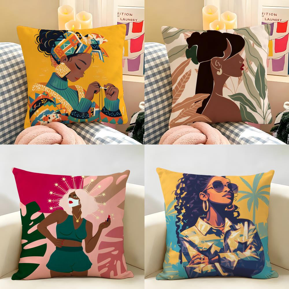African Black Girls Fashion Cushion Cover Natural Linen Organic Fabric DoubleSided Printing Room Sofa Decor Pillow Case