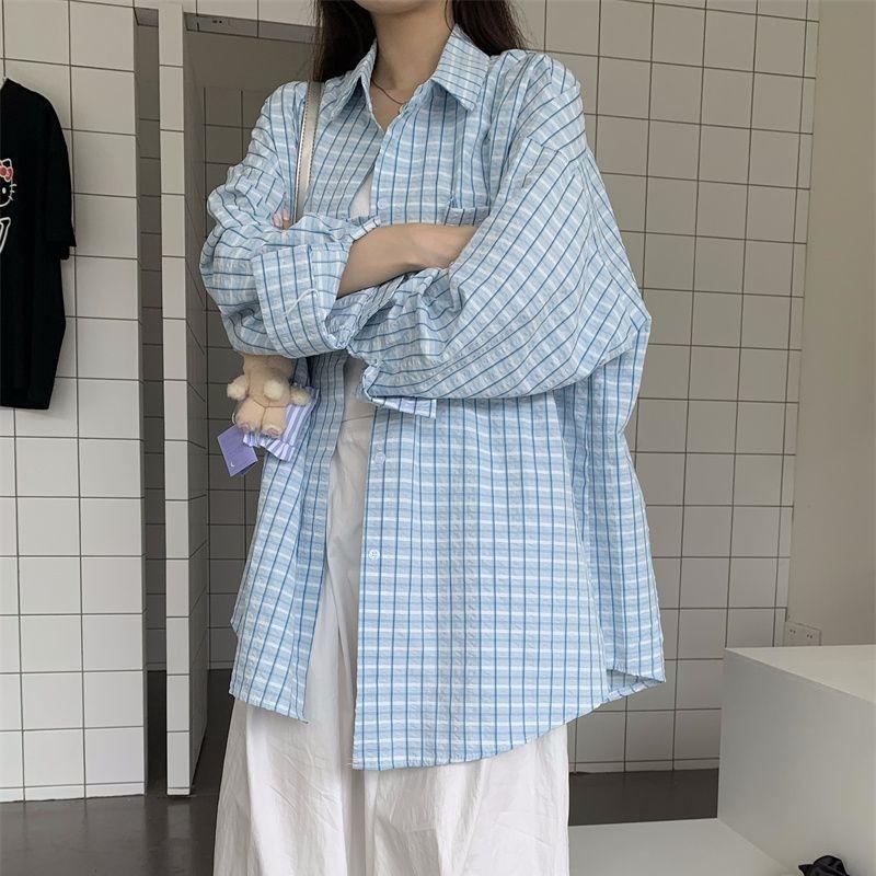 Women's Blue Checkered Long Sleeve Shirt Lapel Collar Casual Blouse Stylish Loose Button Down Shirts Fashion Office Wearing