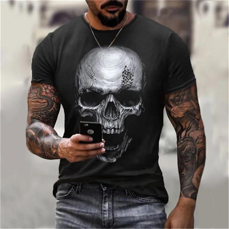 Summer Round Neck 3D Horror Skull Graphics Print Top Fashionable Casual Short Sleeved Men's T-shirts