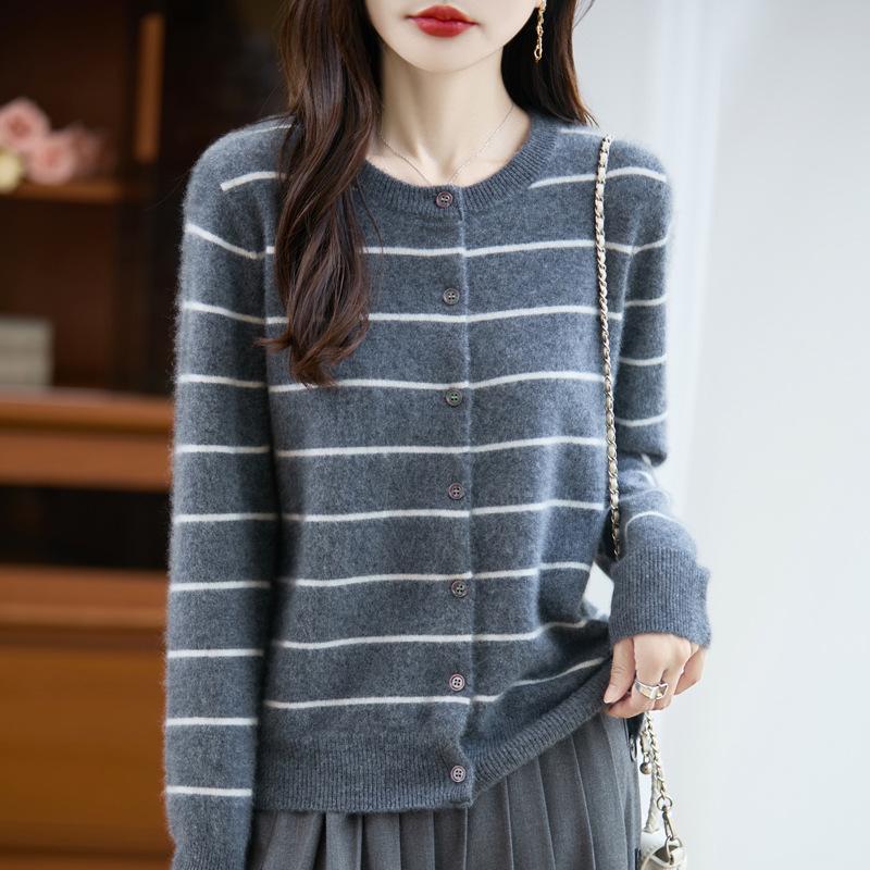 2025 Autumn/Winter Women's Pure Wool Striped Knit Cardigan: Round Neck, Loose Fit, Cashmere Long Sleeve Versatile Outerwear.
