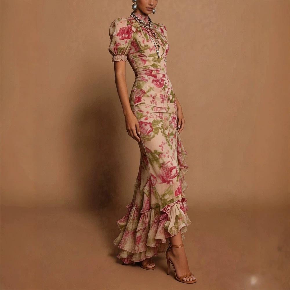 European and American summer printing temperament elegant bubble sleeve floral dress slim irregular fake dress