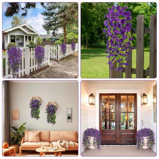 Artificial Flowers for Outdoor, Fake Hanging Morning Glory with Eucalyptus Leaves, UV Resistant Faux Plants Petunias Trailing Vines for Porch, Patio,