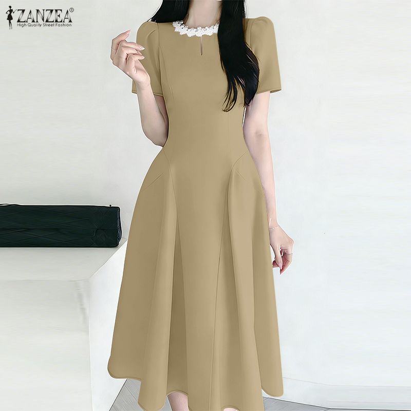 ZANZEA Women Splice Round Neck Summer Casual Short Sleeve Dress