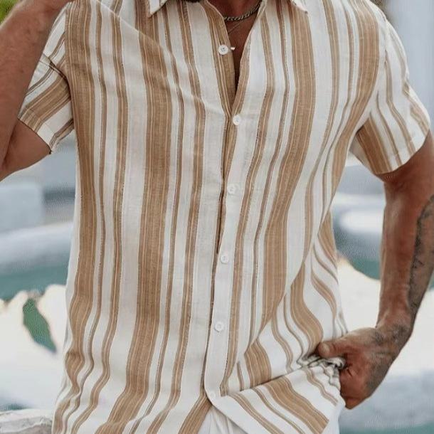 Mens Striped Short Sleeve Casual Shirt Oversized Summer Turn Down Collar S