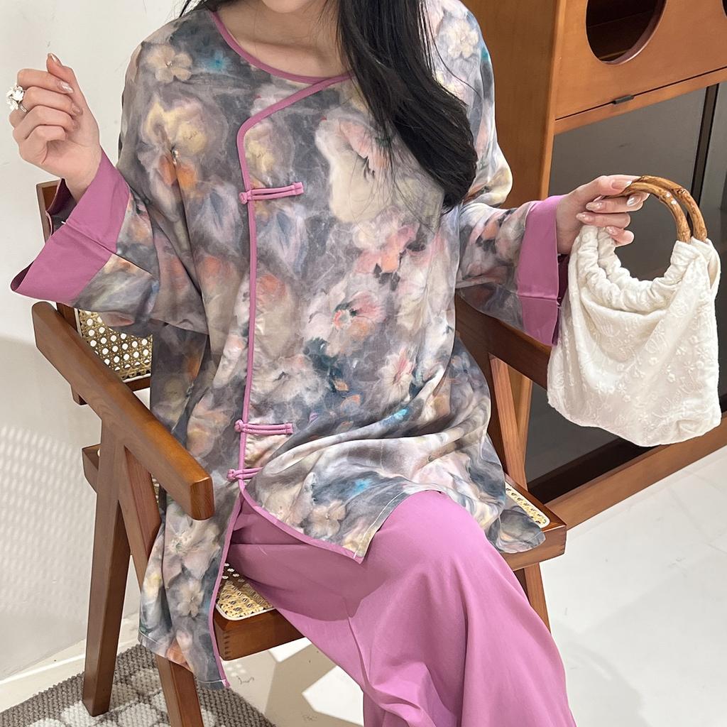 1011 new new Chinese pajamas women's spring and summer improved cheongsam buckle can be worn outside loungewear cotton silk suit thin
