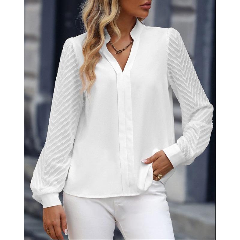 JKASHDK Damenmode, lässig, Frühling und Herbst, einfarbig, langärmelig, V-Ausschnitt, Blusen und Hemden
