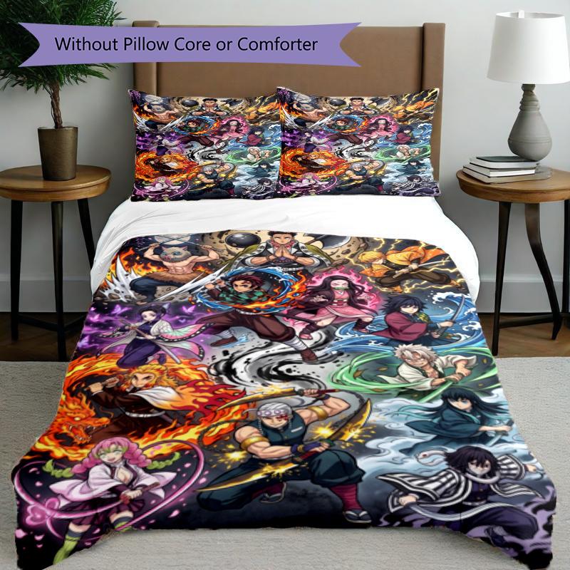 3pcs Duvet Cover Set (1*Duvet Cover + 2*Pillowcase, Without Core), Demon Slayer Print Bedding Set, Bedroom Decor, All‑Season, Gift