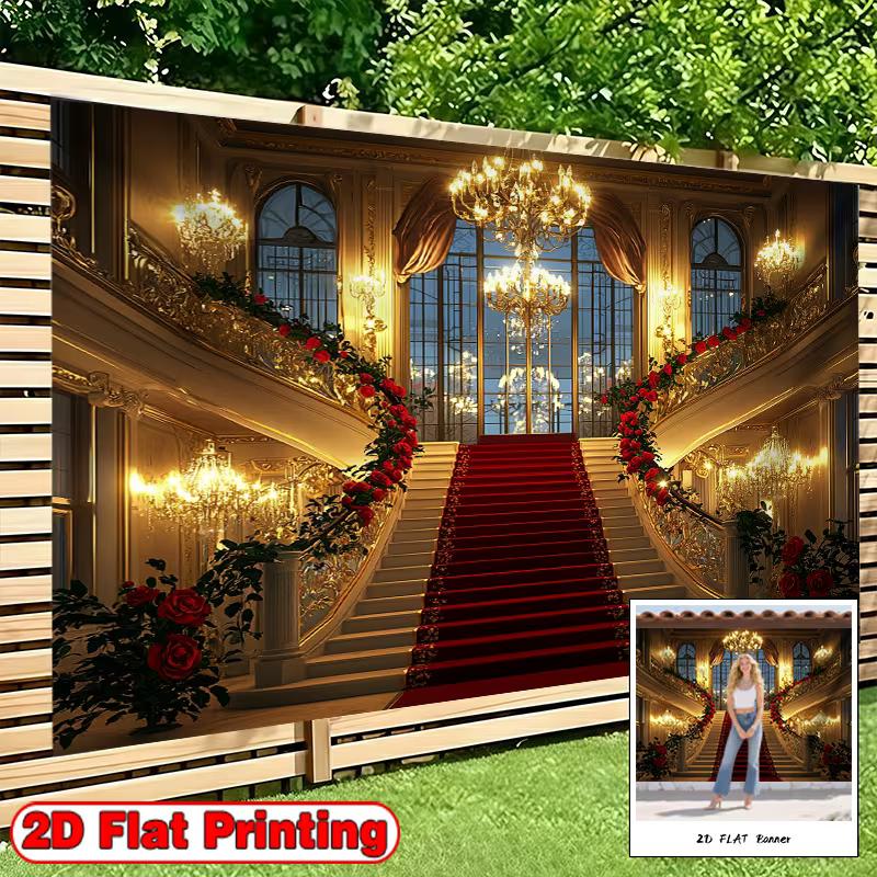 2D Luxuriöser Palast Treppenhaus Hintergrund, Vintage Goldener Ballsaal Roter Teppich Hochzeitsfotoshooting Dekor Banner