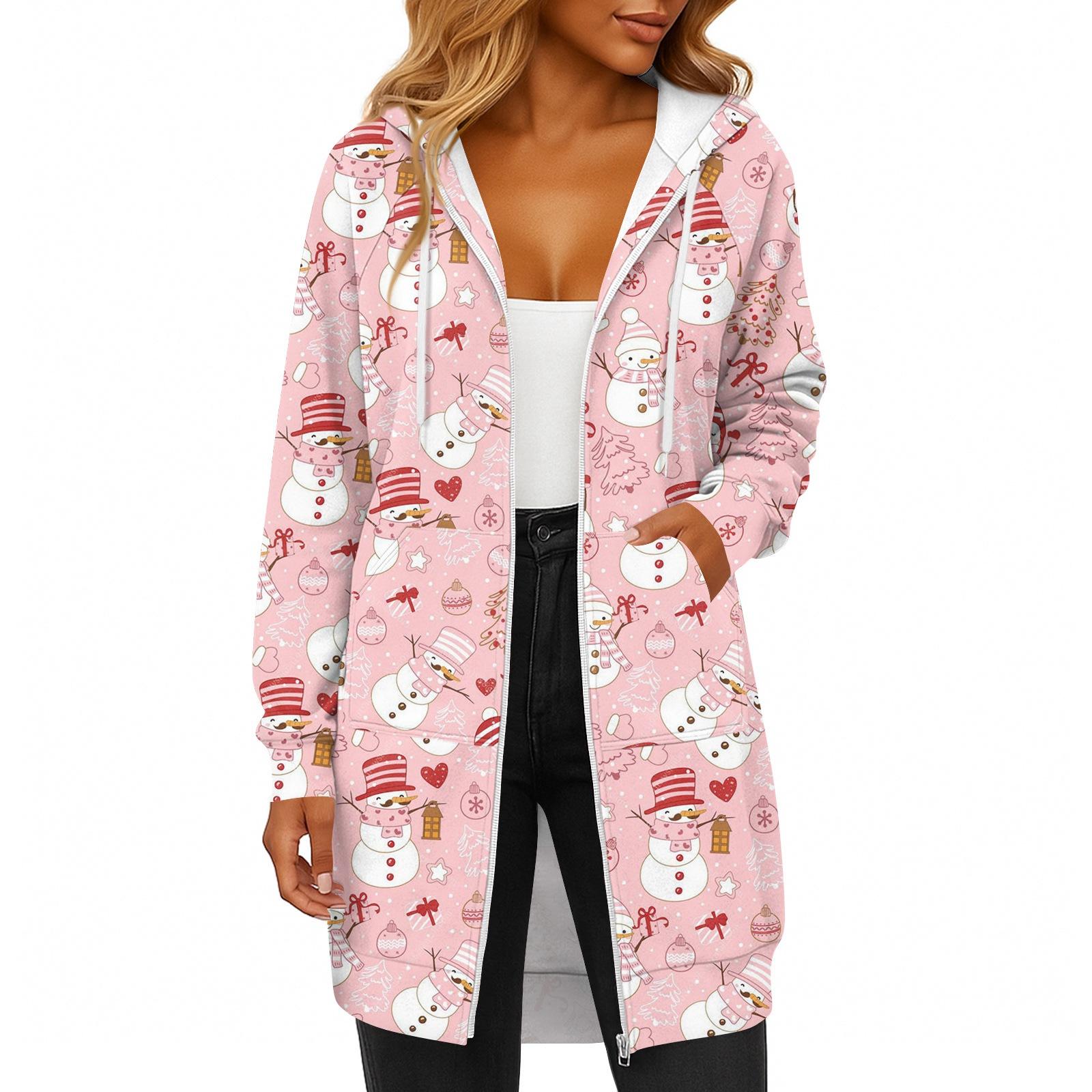 

Women s Fashionable Christmas Printed Long Sleeved Drawstring Hooded Zipper Pocket Long Casual Sweatshirt Jacket L