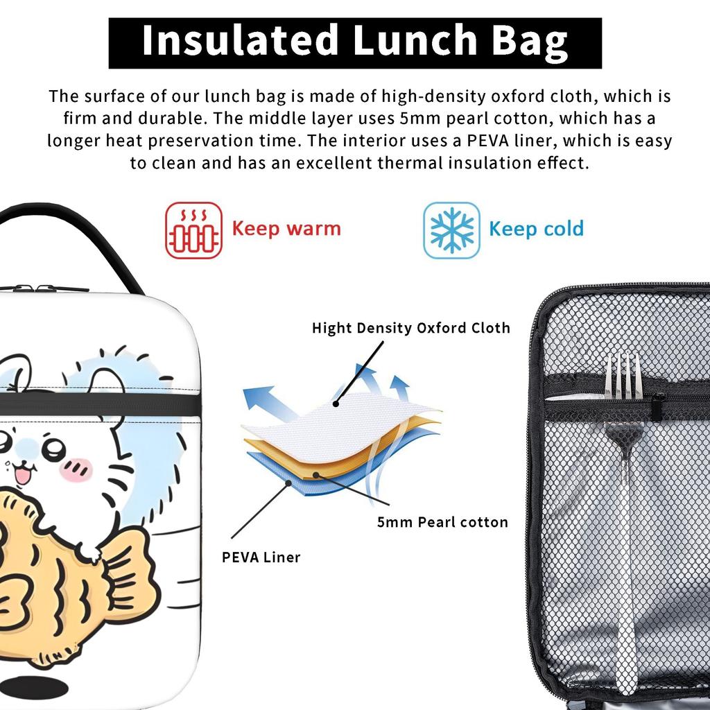 Chiikawas Heart Heat-keeping Lunch Bags Cooler Tote Reusable,Meal Container Leakproof Tote Lunch Box Food Organizer Bags