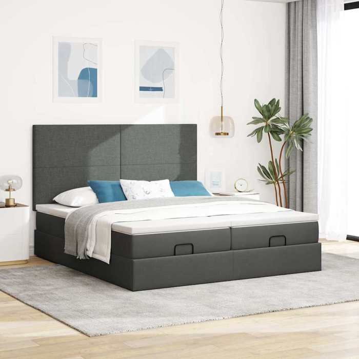 Exclusive House - Ottoman Bed Frame with Dark Grey Mattress 200x200cm Fabric