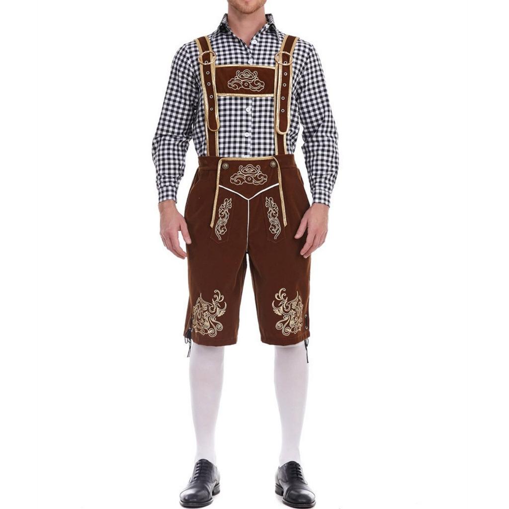 Men's Traditional Bavarian Outfit Lederhosen Set with Embroidered Suspenders and Checkered Shirt Suitable for Oktoberfest Costume Party
