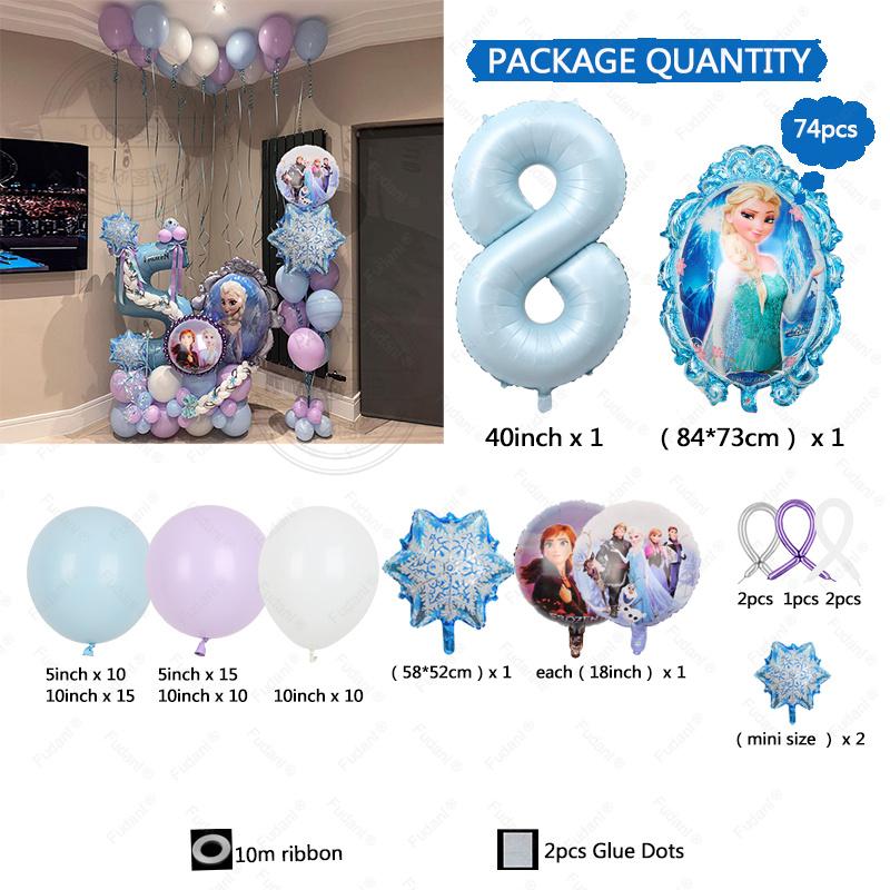 74pcs Frozen Princess Decoration Balloon Garland Arch Kit 40inch Blue Number Foil Balloon for Girl Birthday Party Favors Decor