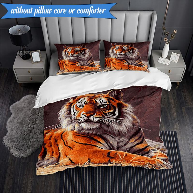 3PCS White Tiger Family Bedding Set,Including 1pc Duvet Cover And 2pcs Pillowcases Perfect for Bedroom, Dormitory, Fan Christmas gift