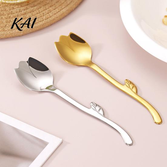 Ice Cream Scoop Tulip Shaped Stainless Steel Spoon, Long Handle Coffee Dishwasher Safe Spoon Dessert Serving with Hanging Hook, Kitchen Flatware