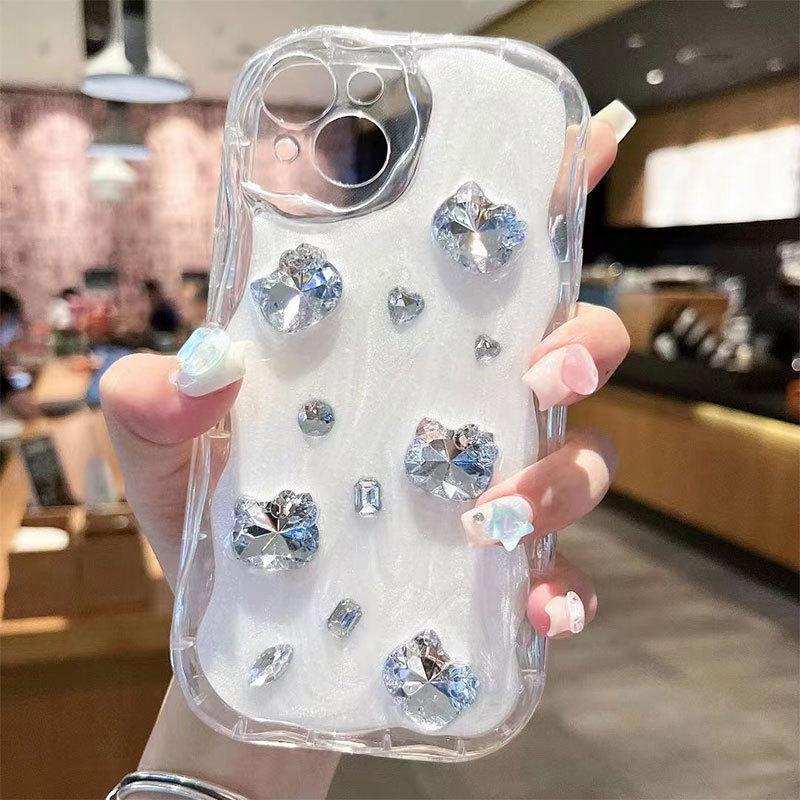 Applicable To Apple Mobile Phone Case, High-end Pearlescent Powder Three-dimensional Diamond Mobile Phone Case, Fashionable Light Luxury Transpa