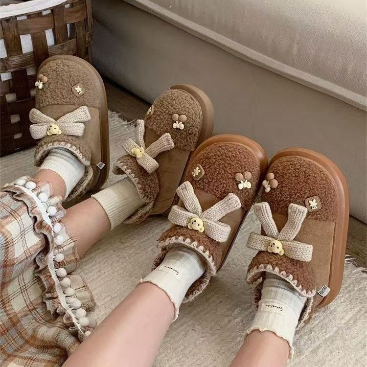 High-value Cute Bear Bow Lamb Wool Parent-child Snow Boots Women's Velvet Thickened Bottom Warm 2468
