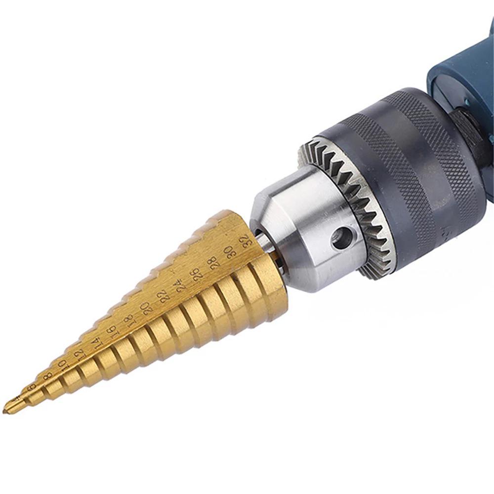Hex Shank Step Drill Bit Set: Straight & Spiral Flutes, Tapered Hole Opener, Chamfering, with Cloth Bag Packaging.