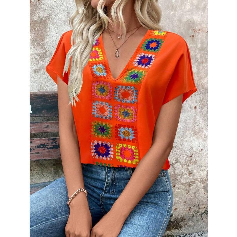 V-neck Women's Short Sleeve T-Shirt Summer Daily Casual Tops OverSize Loose Women's Clothing Flower Print Style Patterns