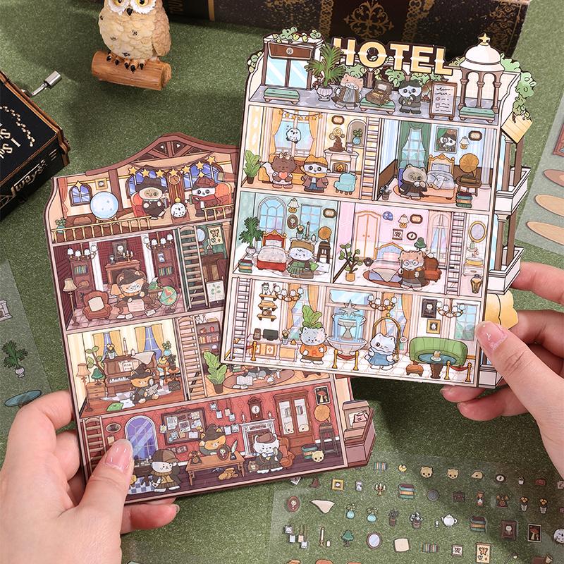 Cartoon 3D Landscaping Stickers Miniature Scene DIY Cabin Scene Stacking Pasting Hand Account Student Gift for Kid Child