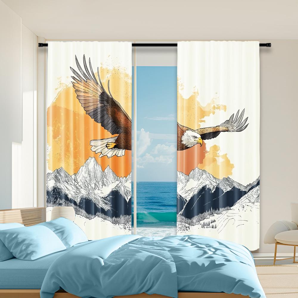 

2 pcs versatile polyester transparent curtains for home decoration Eagle Soaring Over Mountains for use in bedrooms and living 100*130 HOOK 1pcs