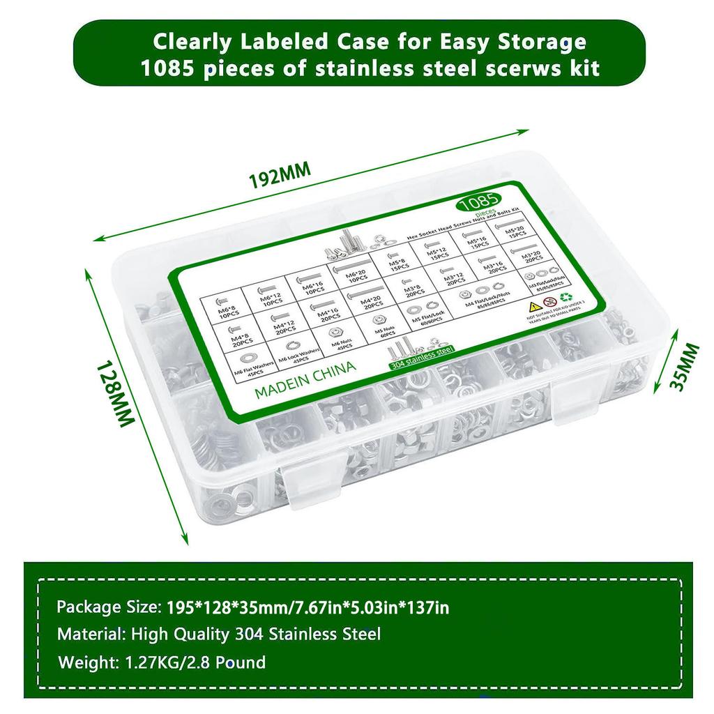 1085 ks sada šroubů s šestihrannou hlavou ISO7380 šroub s šestihrannou hlavou s maticí krabička