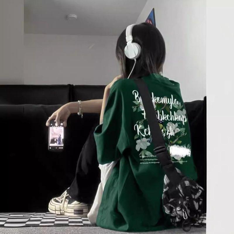 

American-Style Hip-Hop High Street T-Shirt for Women, Summer Loose Fit, Plus Size, Lazy Style, Pure Cotton Short-Sleeve, Trendy Brand Couple s Top Dark Green XL [Recommended 115-130]
