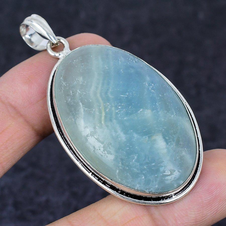 Aquamarine Gemstone Handmade 925 Sterling Silver Jewelry Pendant 2.36" p7A83