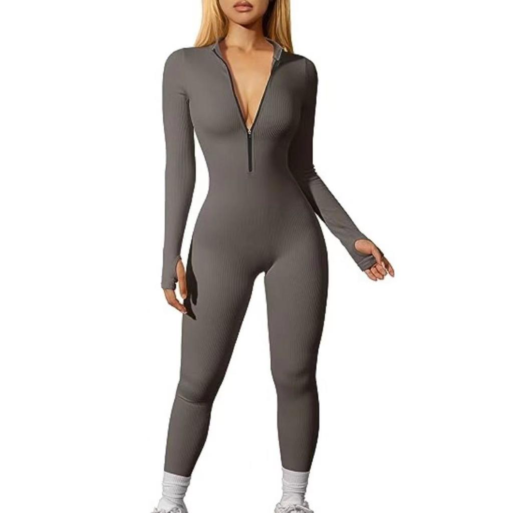 Women Long Sleeve Workout Jumpsuit Zip Up Romper Bottom Pants Bodysuit Bodycon Sexy Yoga Workout Ribbed Casual One Piece