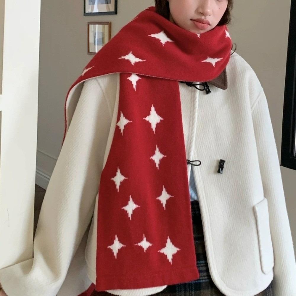 Double Side Women Winter Scarf Korean Style Cashmere Knitted Shawl Star Pattern Neckerchief Daily