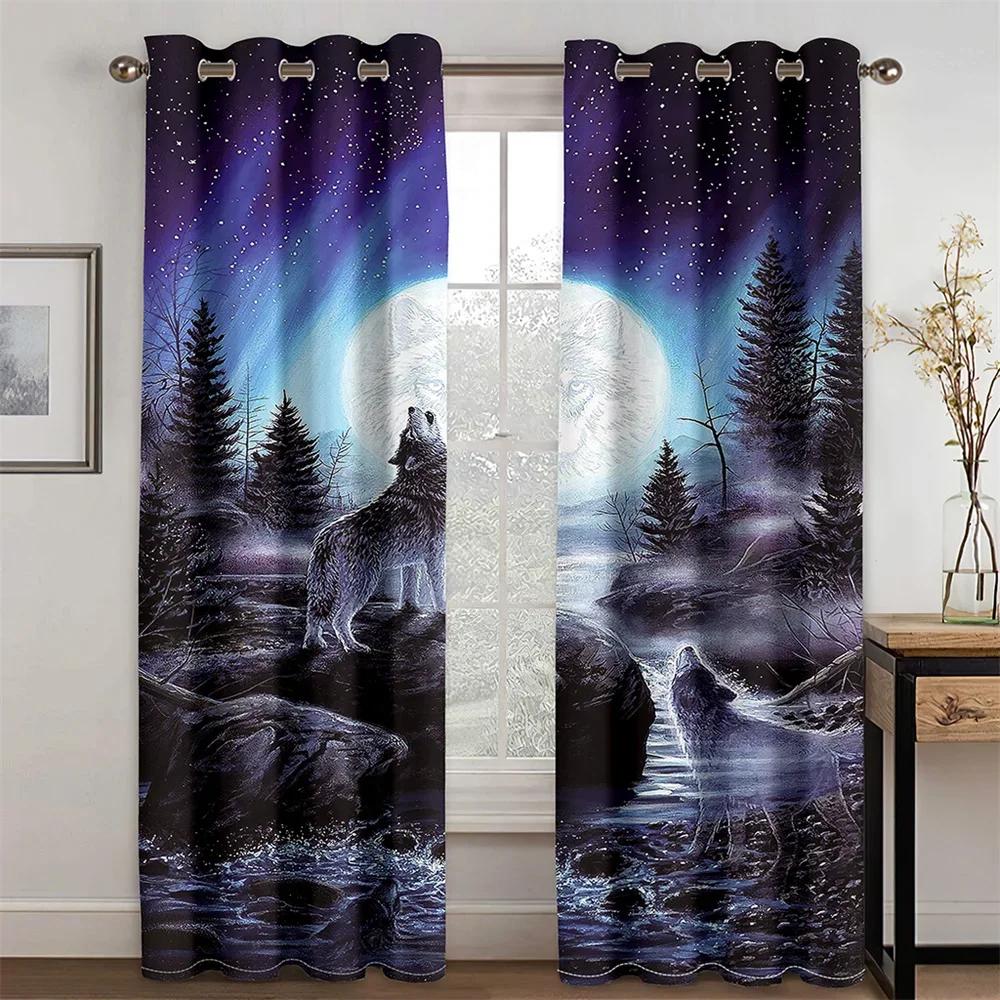 

Ночной волк под луной Дизайн животных светофильтрующие шторы оконные шторы для гостиной спальни 2 шт Декор cortinas (W50H130cm)-2pcs&Grommet Top