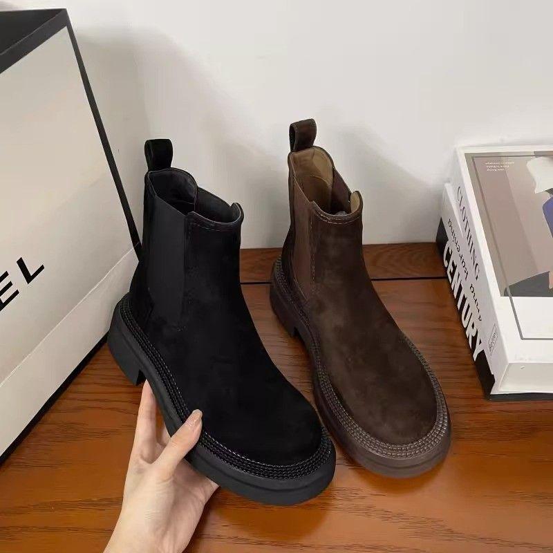 Botine Chelsea cu toc gros, cu vârf rotund, din piele întoarsă, pentru femei, toamnă/iarnă 2025