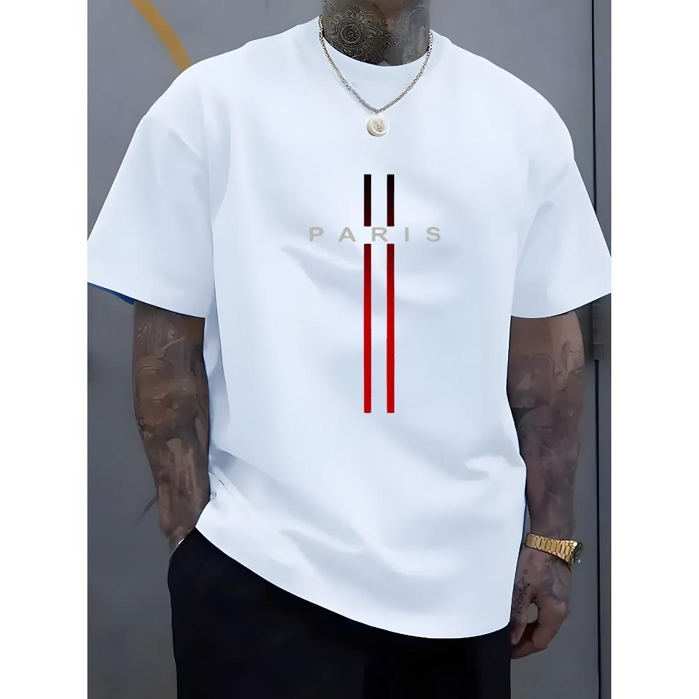 European sizes Men's Paris Graphic Print T-Shirt - Soft Round Neck, Slightly Stretchy Street Style, Breathable All-Season Casual Tee, Machine Washable
