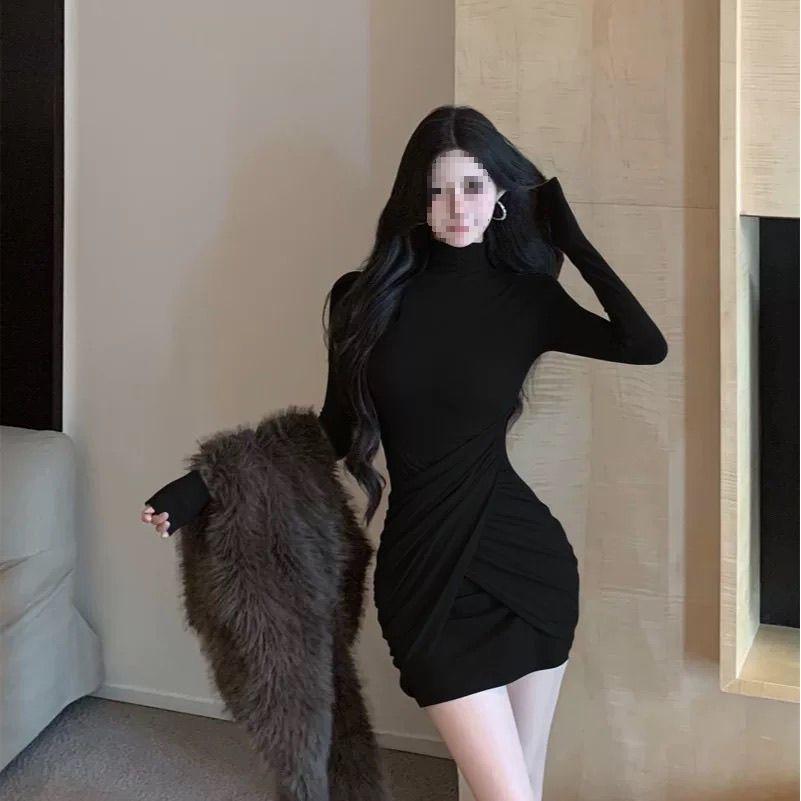 

Black Pleated Bodycon Mini Dress - Long Sleeve, Half-High Neck, Autumn/Winter Socialite Style 3XL (161-180 jin) чёрный