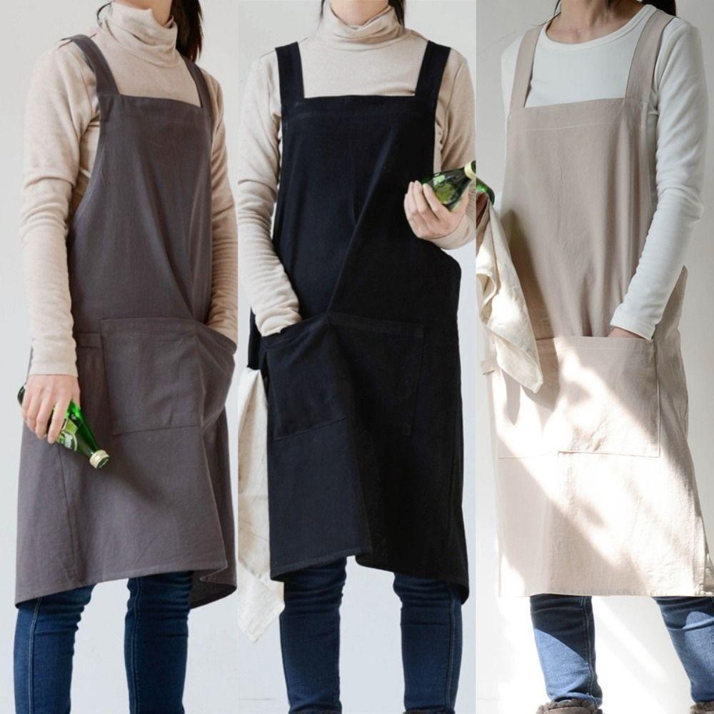 Solid Color Japanese Minimalist Kitchen Apron Cotton Household Waterproof Apron  Restaurant