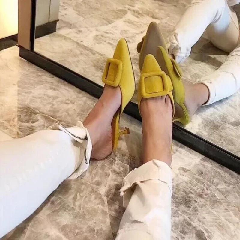 2024 New Muller Shoes Women's Shallow Mouth Pointed Toe Middle Heel Square Buckle Stiletto Baotou Women's Half Slippers
