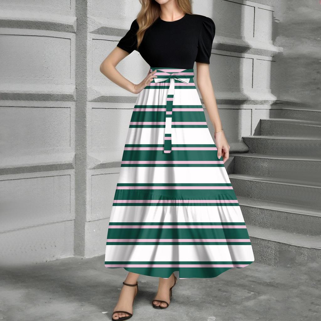 Women's Fashion Casual Belt Short Sleeve Round Neck Print Stitching Elegant Temperament Dress