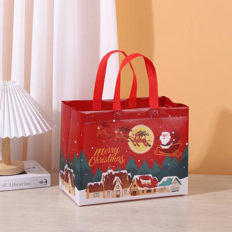 1PC New In Christmas Gift Bags Cartoon Cute Print Santa Elk Snowman Printing Non Woven Foldable Storage Handbag Party Supplies