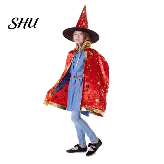 Breathable Witch Cape Adjustable Halloween Pentagram Printing with Wizard Costume Young Adults Hat Hand Bag Comfortable Kids
