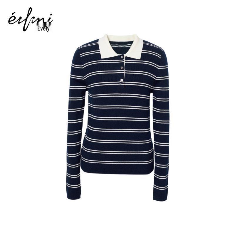 

Jiang Xin s Spring 2026 Striped Wool Polo Knitwear with Contrasting Colors Medium темно-синий