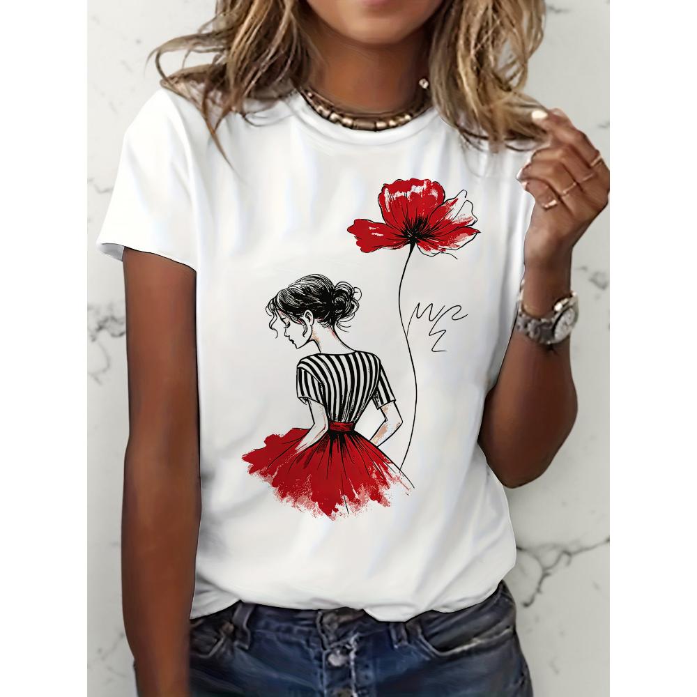 

Women s Red Poppy Woman Line Art Print Short Sleeve T-Shirt Casual Crew Neck Boho Floral Woman Graphic Tees M