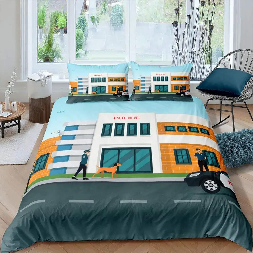 Comforter Ambulance Car King Queen White Cartoon Medical Car Bedding Set For Kid Hospital Rescue Vehicle Polyester