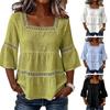 Top da Donna Scollo Quadrato Maniche 3/4 Colore Unito Vestibilità Larga Morbido Elastico Camicetta Design con Intreccio di Pizzo Top Casual per Uso Quotidiano