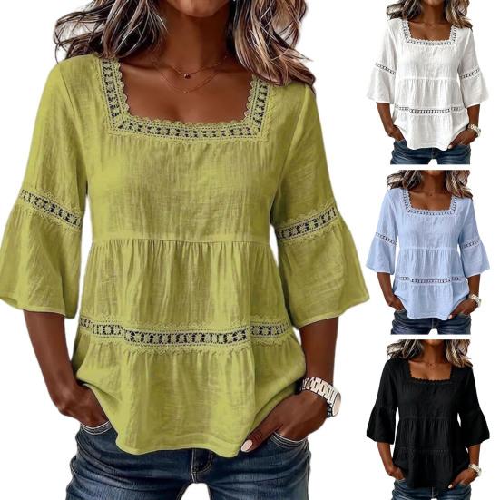 Top da Donna Scollo Quadrato Maniche 3/4 Colore Unito Vestibilità Larga Morbido Elastico Camicetta Design con Intreccio di Pizzo Top Casual per Uso Quotidiano