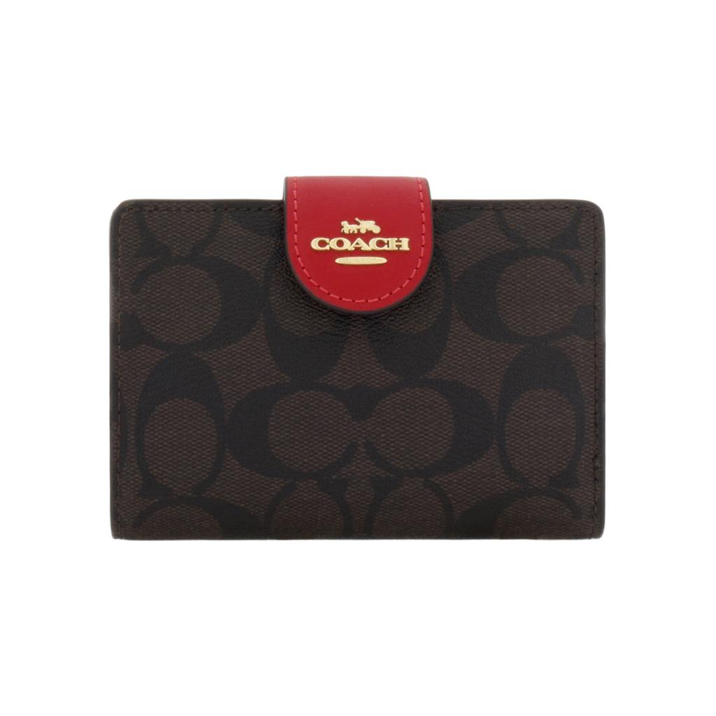 Coach Corner Zip Classic Monogram Coated Canvas And Leather Wristlet Clutch Women Clutch Red Dark-Brown C0082-IMRVQ