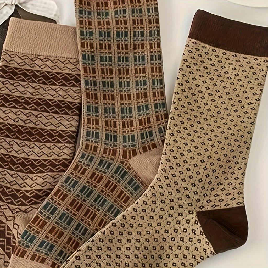 5 Pairs Women's Japanese Retro Checkered & Floral Print Mid-Calf Socks - Assorted Patterns, Soft Breathable FabricCute Socks, Comfortable Wear