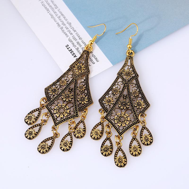 European Retro Ethnic Floral Tassel Earrings with Engraved Water Drop Design